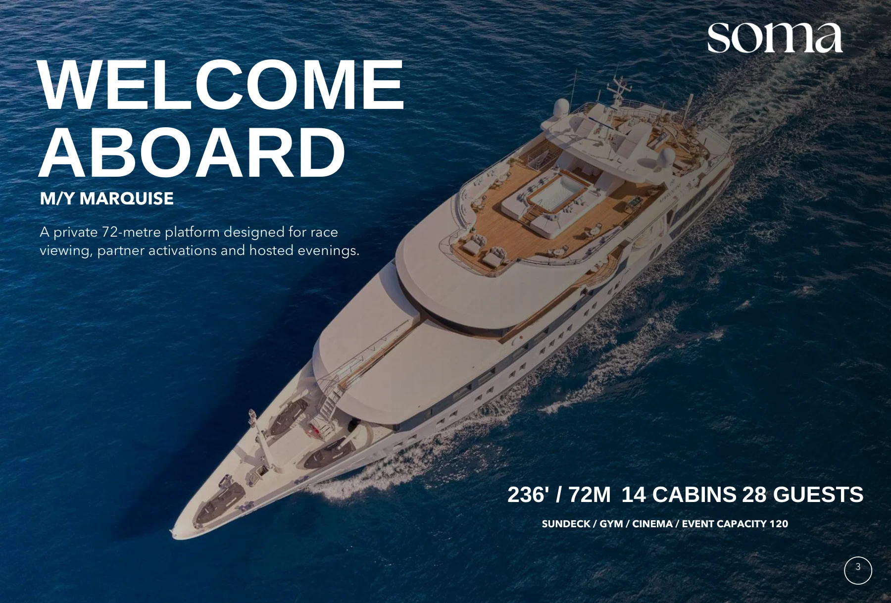 Welcome aboard M/Y Marquise — 72 m, 14 cabins, 28 guests, event capacity 120