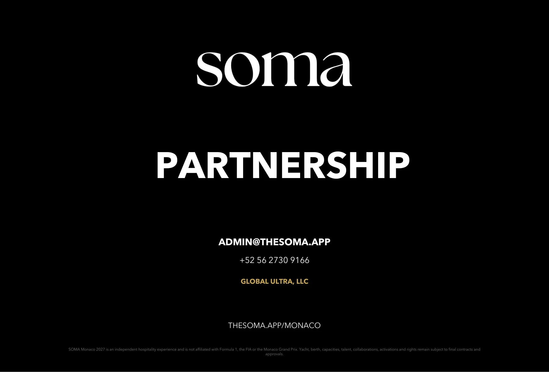 Partnership — admin@thesoma.app, +52 56 2730 9166, Global Ultra, LLC